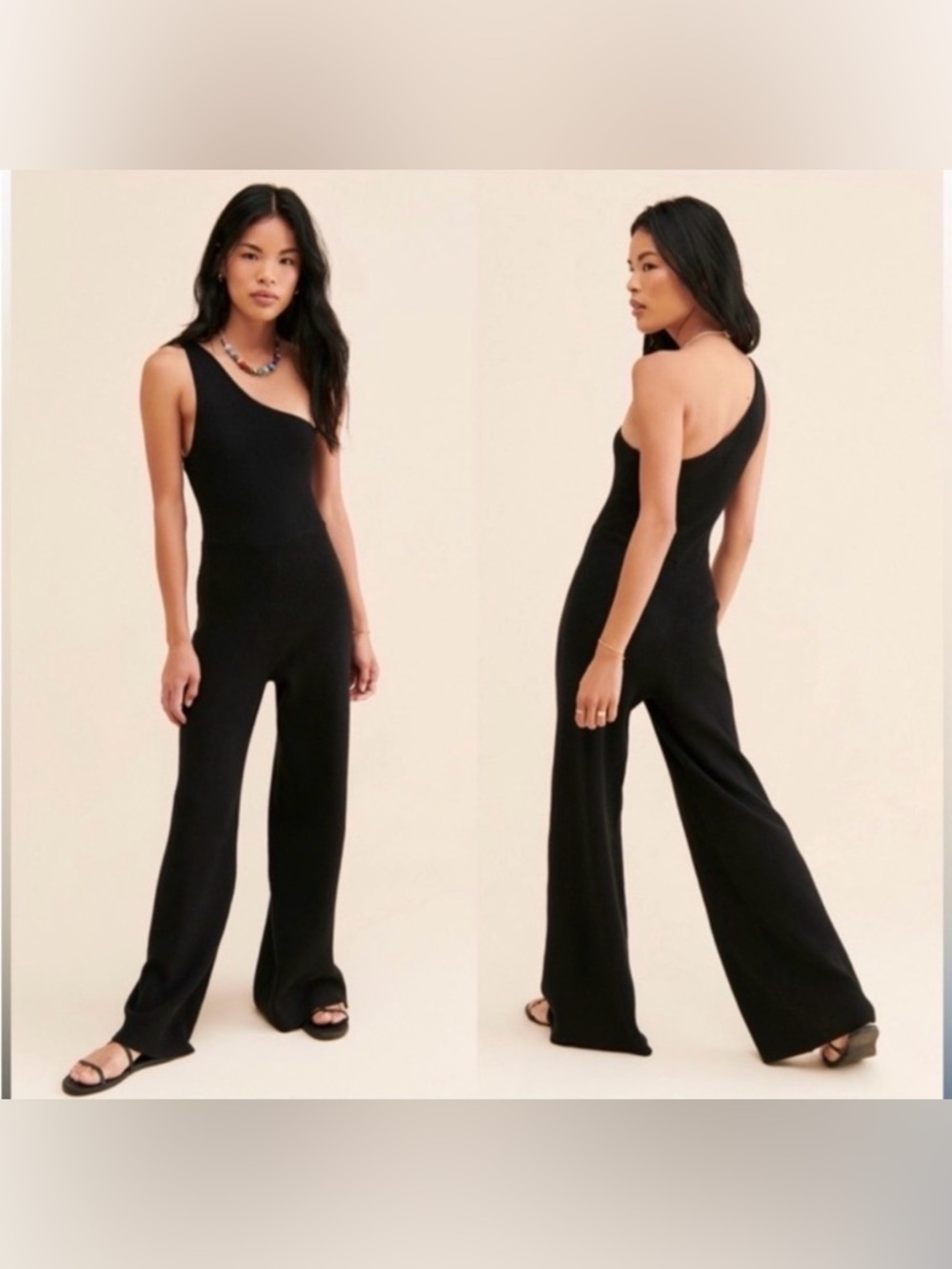 Free People Beach Waverly Sweater One-Shoulder Black Wide-Leg Jumpsuit